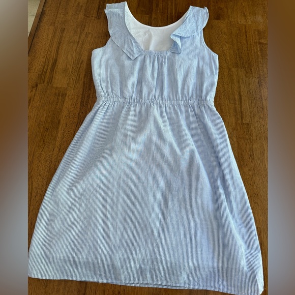 J. Crew Ruffle Sleeveless Linen Cotton Dress SZ 6 Blue White Stripes - Picture 5 of 16